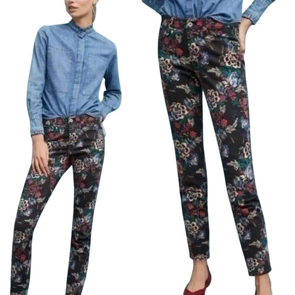 Anthropologie Pilcro Floral Skinny Jeans Black 31 Mid Rise - Picture 2 of 7